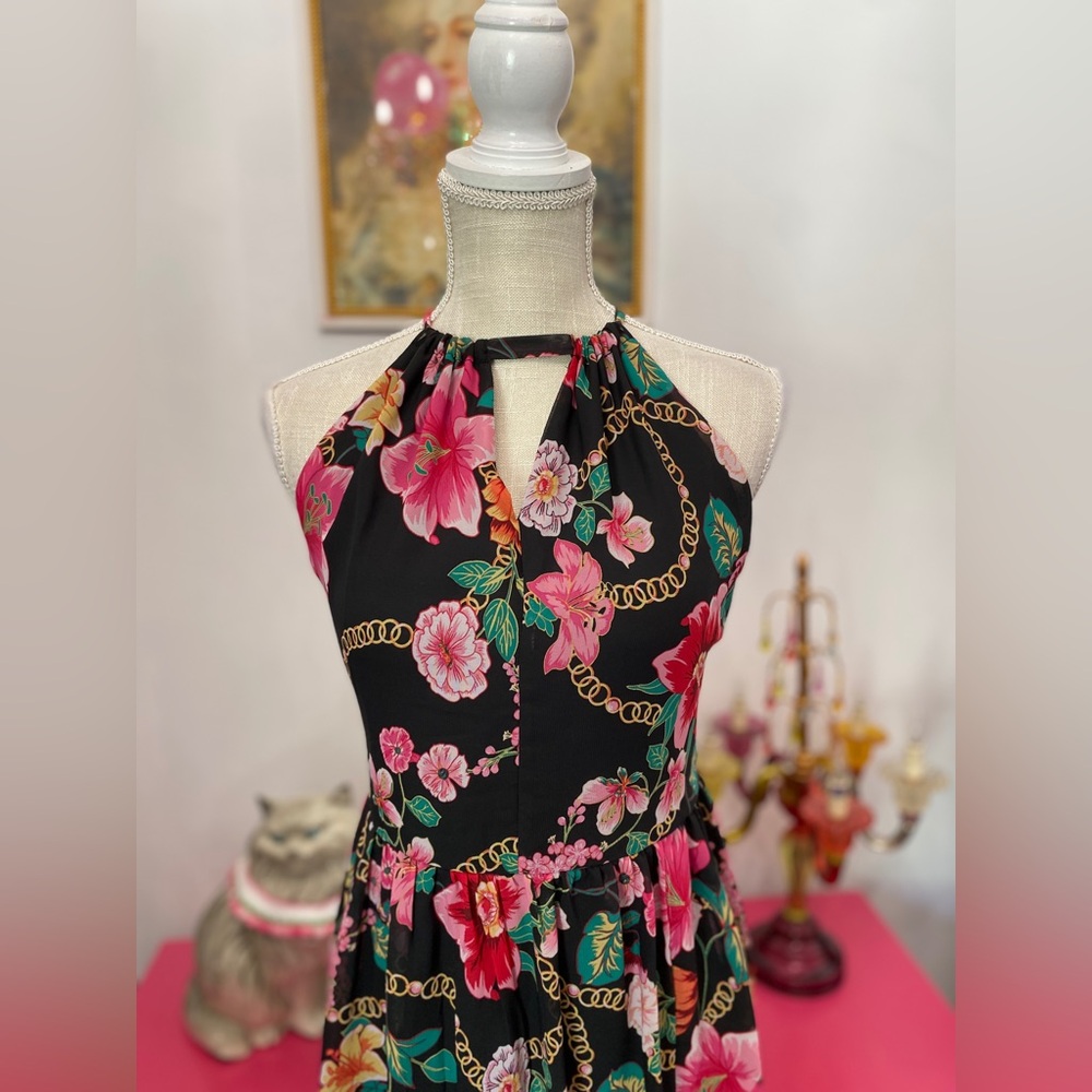 NICOLE MILLER BLACK PINK FLORAL MAXI DRESS SIZE 10 - Picture 5 of 11